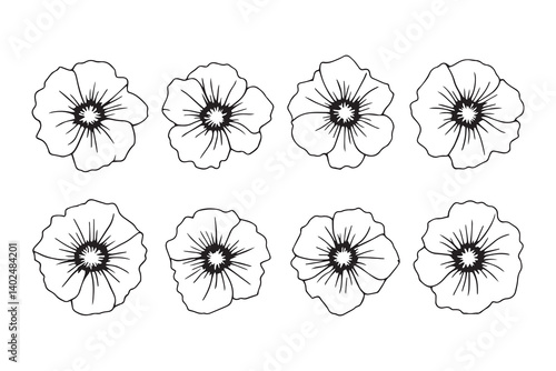 Set of 6 pec in two row  Hollyhock black line art on white background