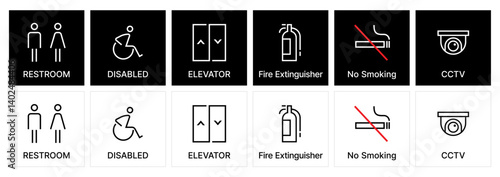 Public Restroom & Facility Sign Icons – Line Style. Toilet, Elevator, No-smoking, Fire Extinguisher, CCTV Camera, Disabled Symbols.