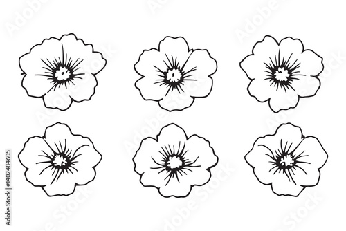 Set of 6 pec in two row  Hollyhock black line art on white background