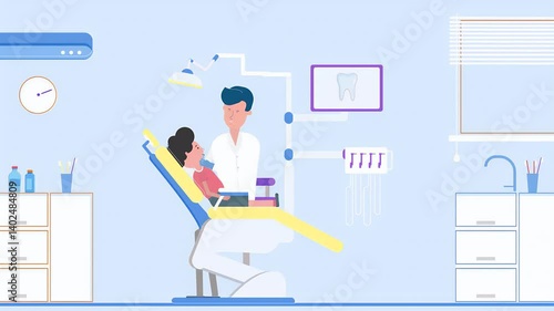 2D Cartoon illustration Male Dentist Pulling Boys Tooth At Dental Ward At Doctor's Chamber.