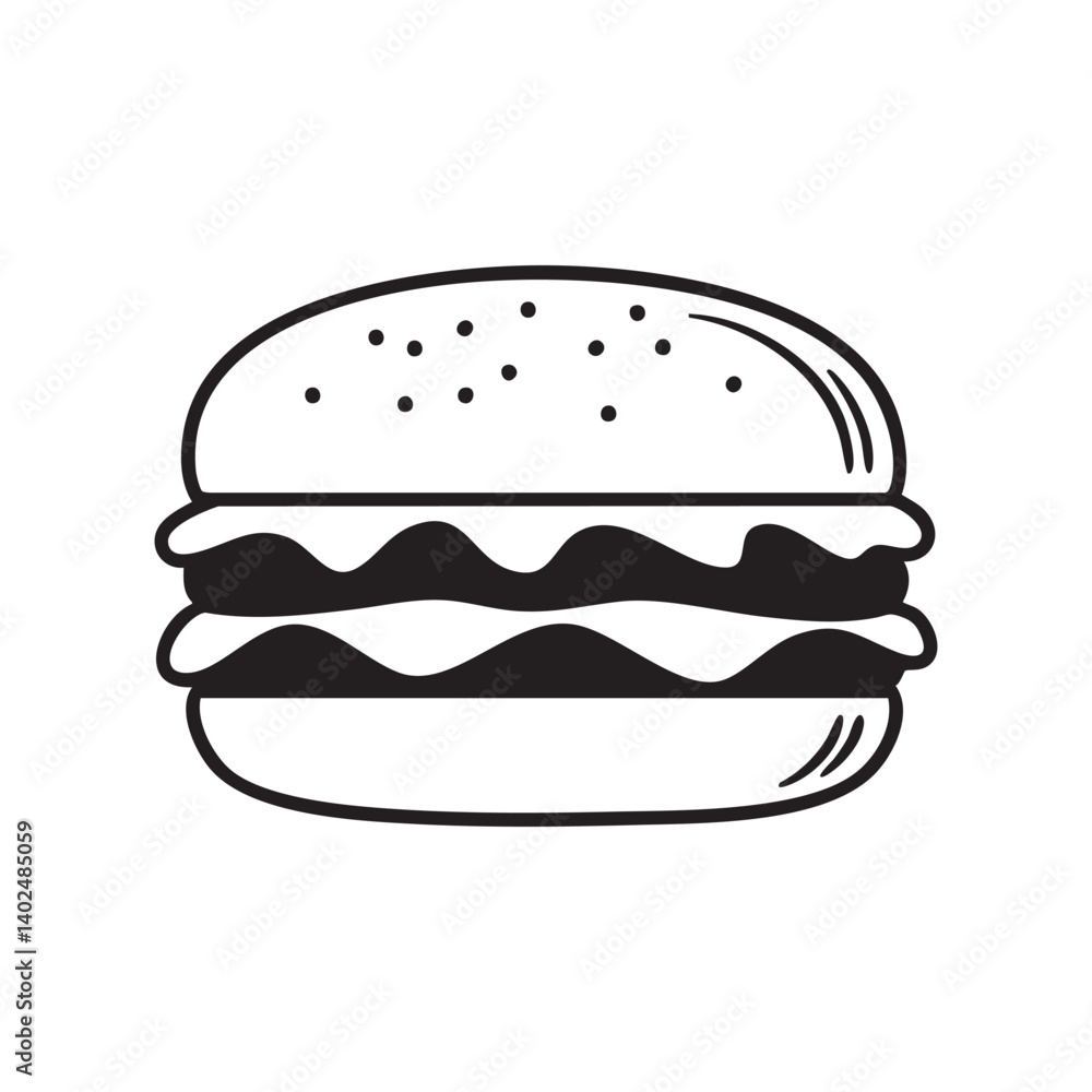 Classic beef burger with lettuce and cheese in bold black vector style Classic beef burger with lettuce and cheese in bold black vector style