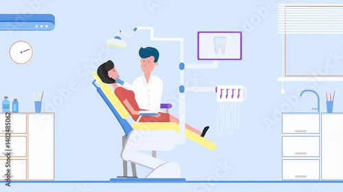 2D Animated Cartoon Male Dentist Pulling Woman’s Tooth At Dental Ward At Doctor's Chamber.