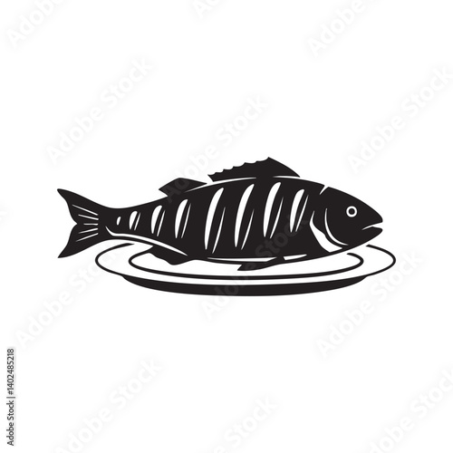 Grilled fish with lemon and garnish in clean black vector food style
