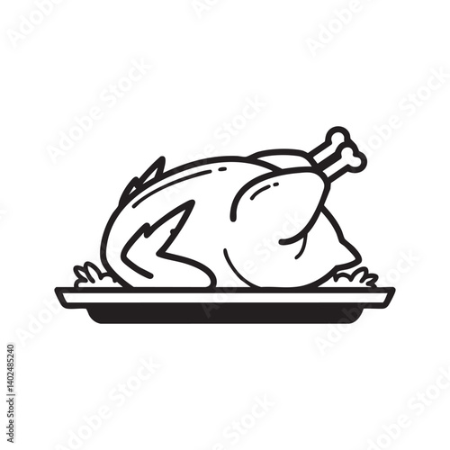 Whole roasted chicken served on plate in black and white vector design