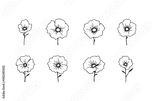 Set of 6 pec in two row  Hollyhock black line art on white background