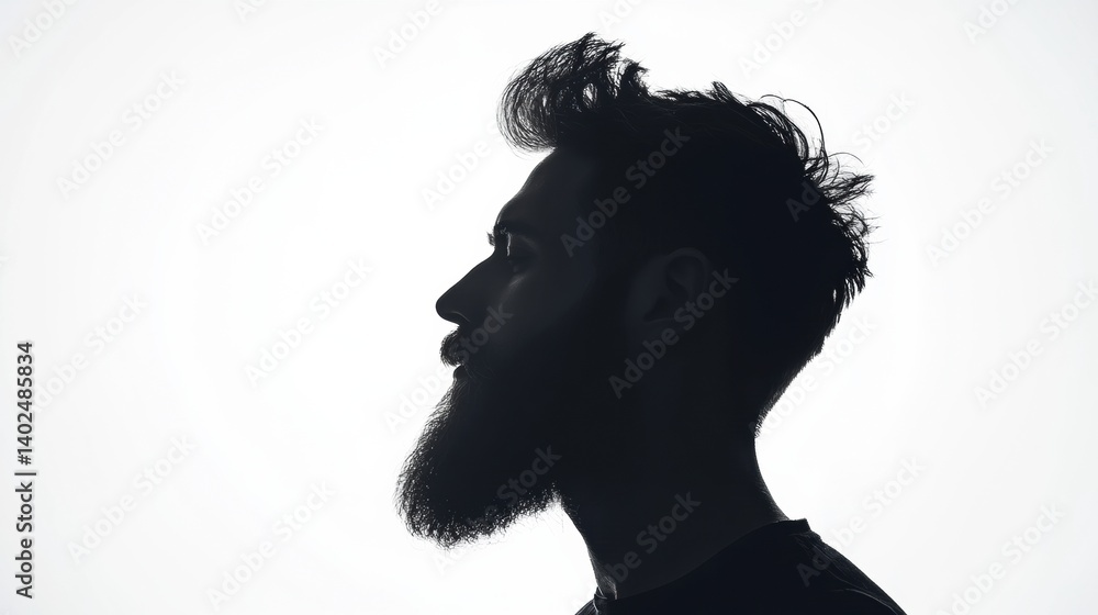 Silhouette of a bearded man with fade effect against a clean white background highlighting his profile features and hairstyle Silhouette of a bearded man with fade effect against a clean white background highlighting his profile features and hairstyle