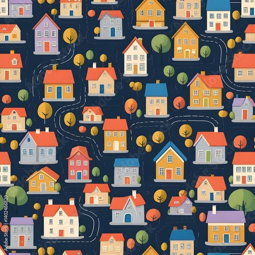 Colorful Suburban Neighborhood Aerial View Seamless Pattern