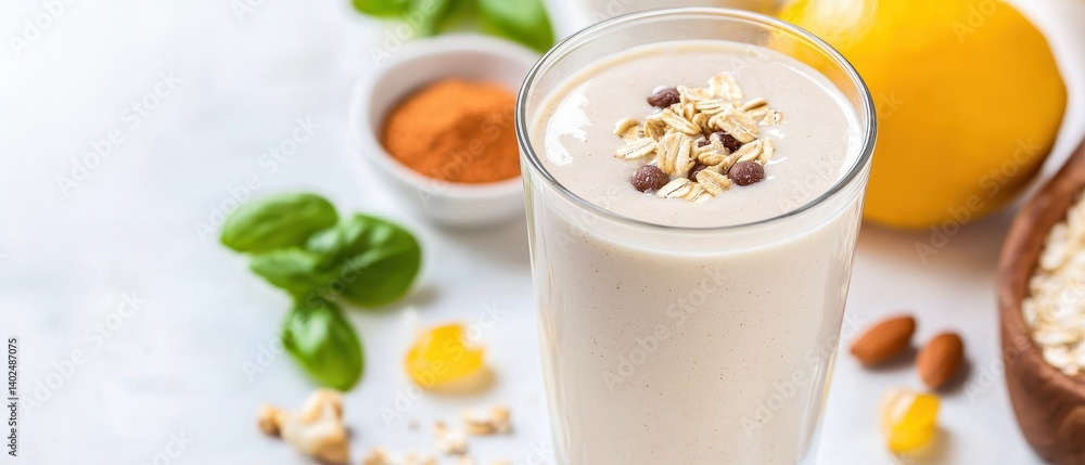 A creamy smoothie topped with oats, surrounded by fresh ingredients like lemon, basil, and spices, showcasing a healthy lifestyle choice. A creamy smoothie topped with oats, surrounded by fresh ingredients like lemon, basil, and spices, showcasing a healthy lifestyle choice.