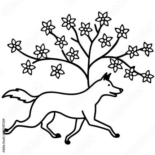 A silhouette of a dog running through a park with spring blossoms, white background 