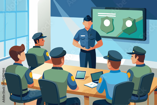 Flat vector of law enforcement officers attending a tactical briefing