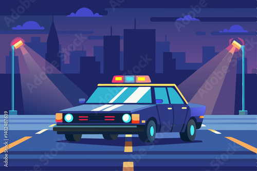 Vector scene of a night patrol police car with flashing lights on an empty road