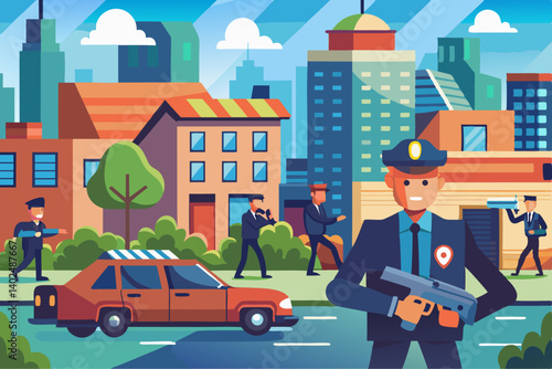 Flat vector of an undercover police operation in progress in an urban setting
