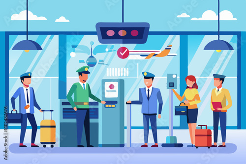 Vector design of an airport security checkpoint with scanning machines and personnel