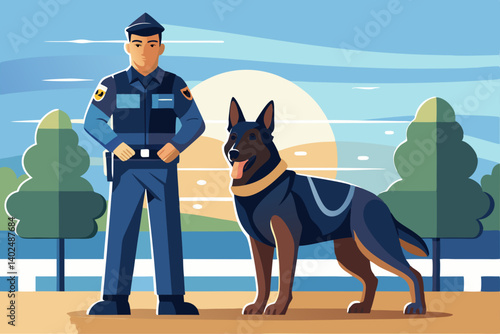 Vector artwork of a police dog (K9 unit) with handler in a training environment