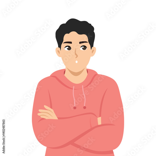 Young man stands with crossed arms and a thoughtful expression, feeling uncertain or in a bad mood. Flat vector character illustration