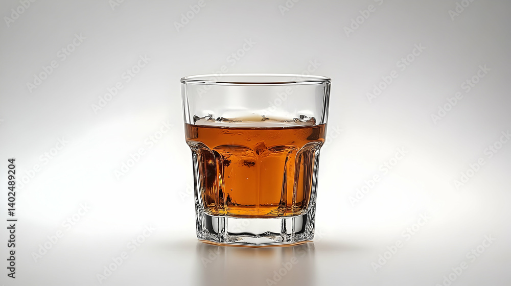 A close-up of a glass of amber whiskey with ice, set against a softly lit background, evoking warmth A close-up of a glass of amber whiskey with ice, set against a softly lit background, evoking warmth