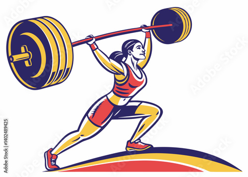 Illustration of a strong fitness girl lifting a heavy barbell, in full color on a white background.