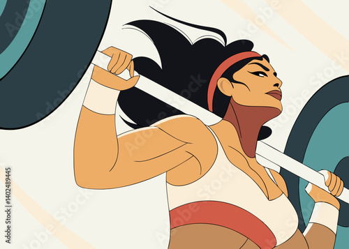 Illustration of a strong fitness girl lifting a heavy barbell, in full color on a white background.