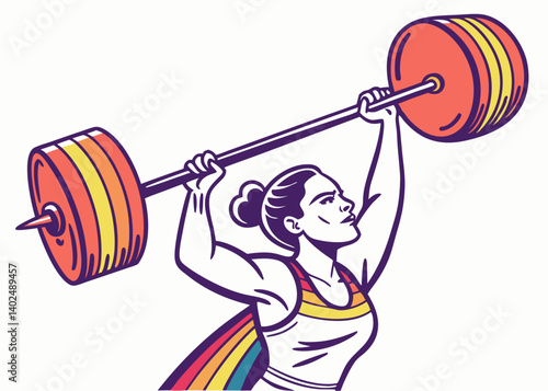 Illustration of a strong fitness girl lifting a heavy barbell, in full color on a white background.