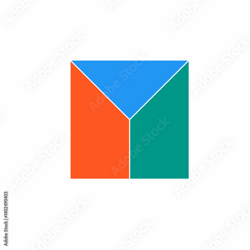 geometric design with a square divided into three colored sections: a blue triangle on top, an orange section on the left, and a green section on the right, resembling a stylized cube