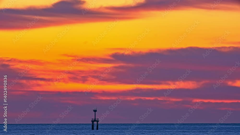 A striking seascape capturing the vivid hues of a sunset sky blending orange, red, and purple over the calm ocean. A navigation tower stands against the horizon, adding depth and dramatic scene.