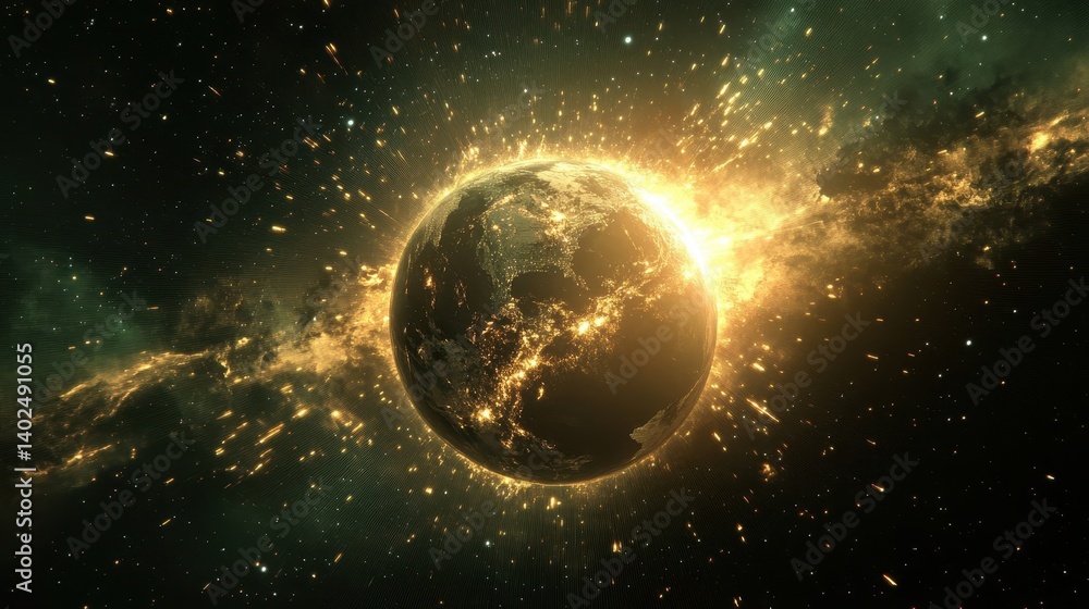 Obraz premium An illuminated planet in deep space with surrounding cosmic energy