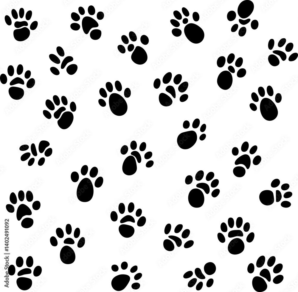 A seamless pattern featuring various black paw prints on a white background, creating a playful and whimsical design. A seamless pattern featuring various black paw prints on a white background, creating a playful and whimsical design.