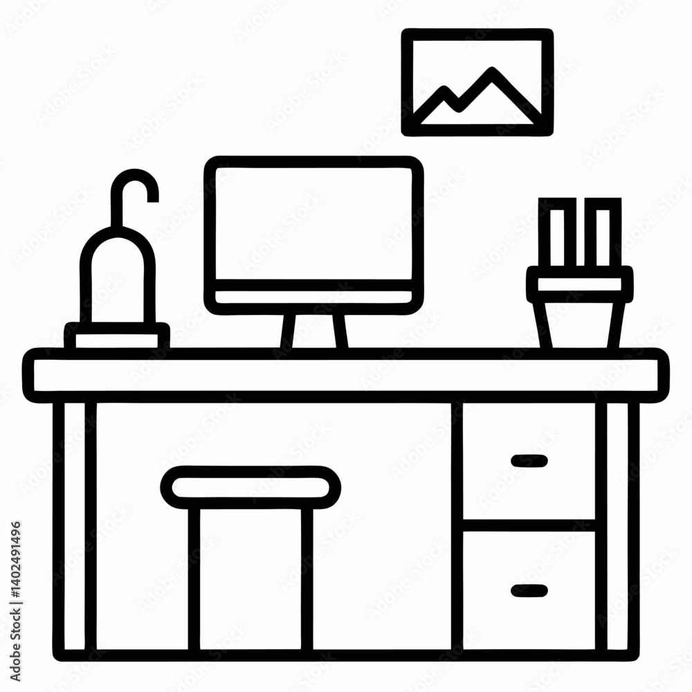 Office Desk Setup outline icon on white background Office Desk Setup outline icon on white background
