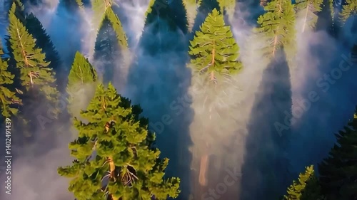 Aerial view of green pine trees with fog and shadows in a forest landscape