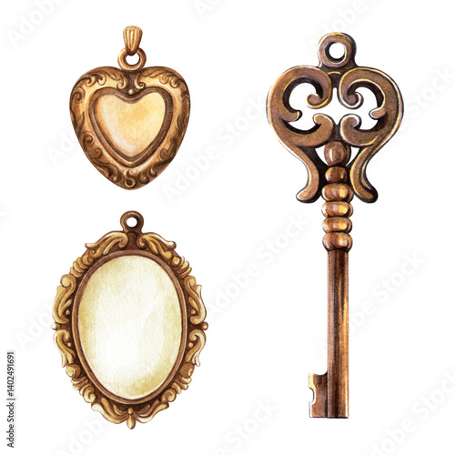 Bild auf Leinwand Bronze heart key, heart-shaped locket, and vintage cameo frame pendant set