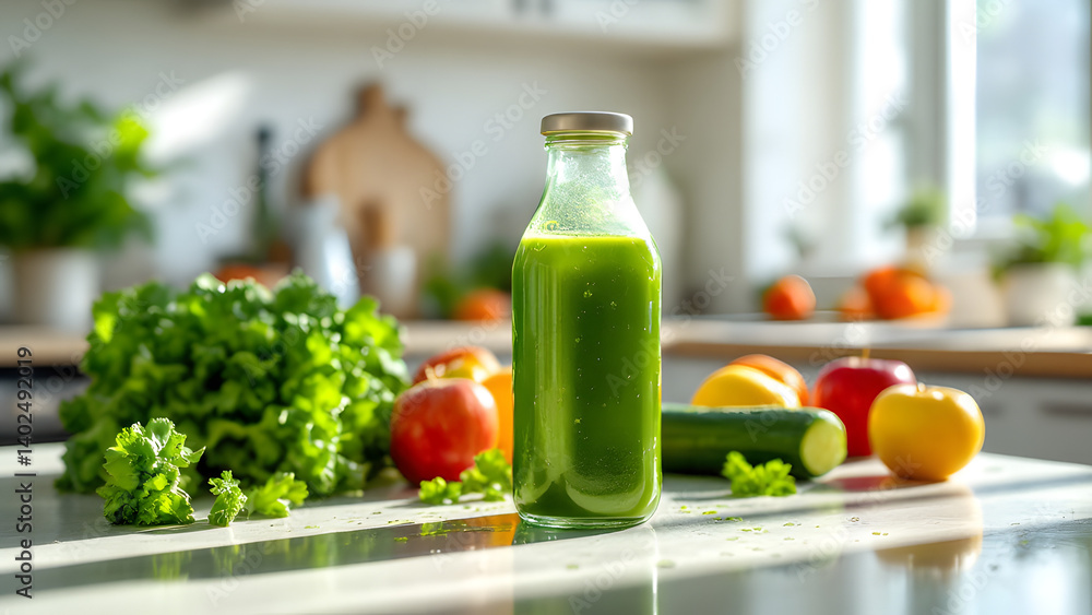 Freshly pressed Fruit vegetable juice smoothie with fruits veggie toppings, fruit juice and splash. Generataive AI Freshly pressed Fruit vegetable juice smoothie with fruits veggie toppings, fruit juice and splash. Generataive AI