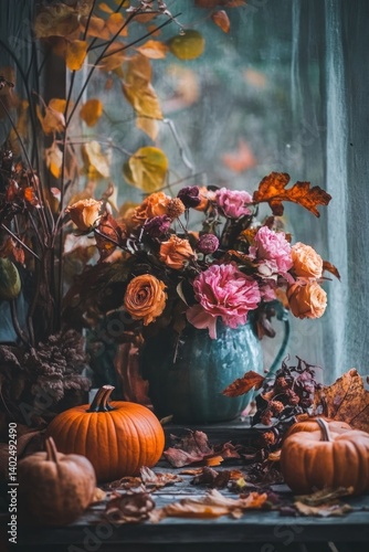 A cozy autumn still life featuring pumpkins, dried leaves, and seasonal flowers