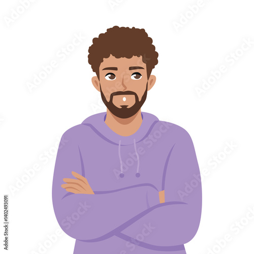 Man stands with crossed arms and a thoughtful expression, feeling uncertain or in a bad mood. Flat vector character illustration