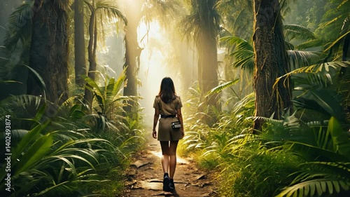 Explorer walks along jungle trail through lush green vegetation with bright sunlight, adventure and discovery, rear view, tropical