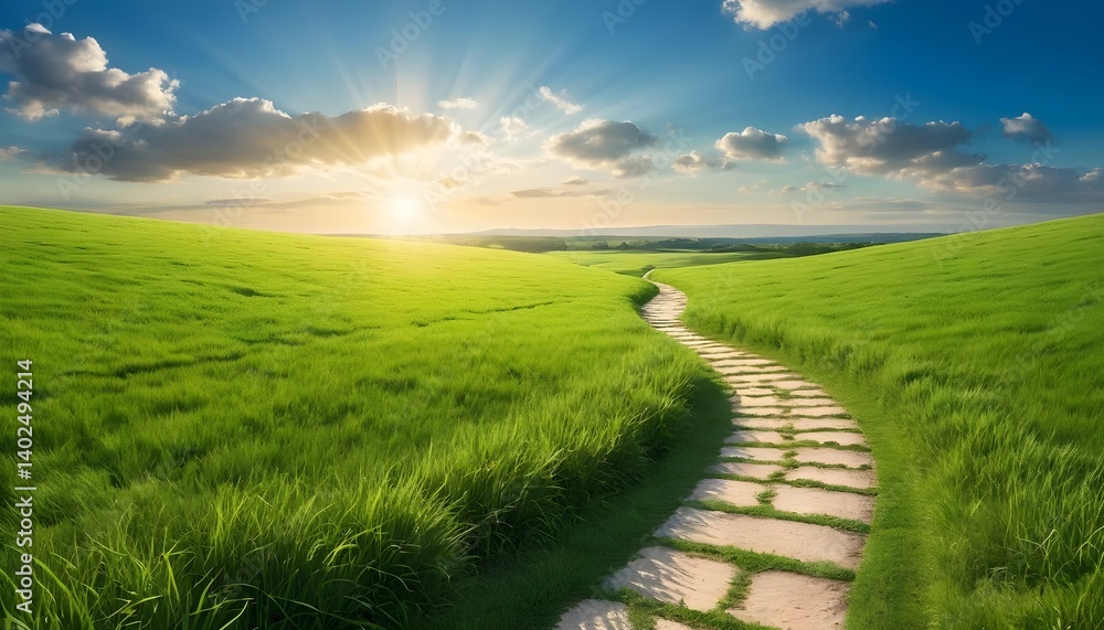 Fototapeta premium Sunset Path Through Green Field