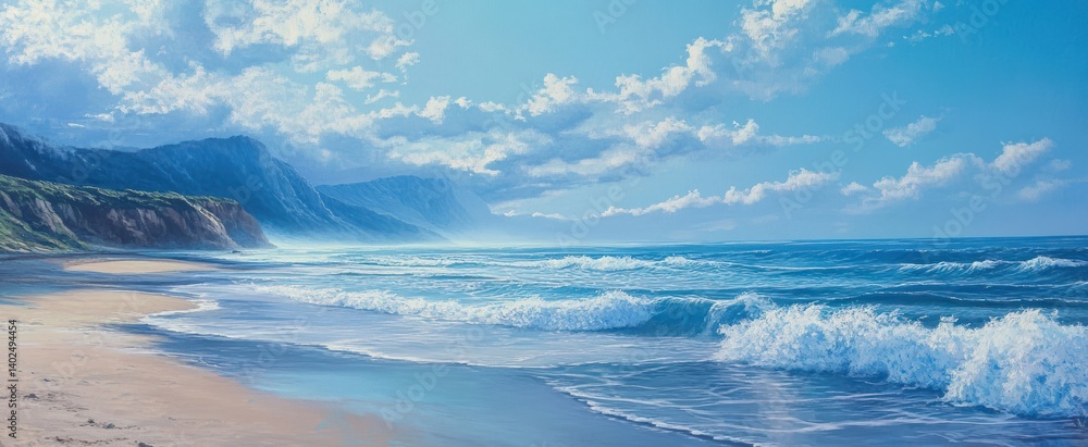 A tranquil beach scene with gentle waves under a bright sky. A tranquil beach scene with gentle waves under a bright sky.