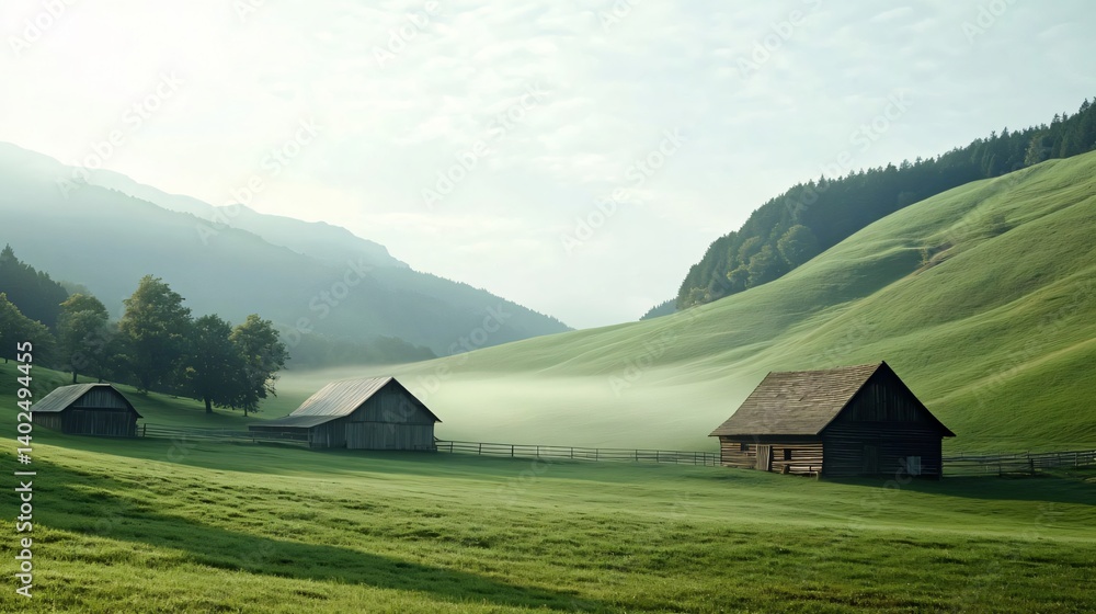 Rural Landscape with Wooden Barns and Rolling Green Hills in Morning Mist Rural Landscape with Wooden Barns and Rolling Green Hills in Morning Mist