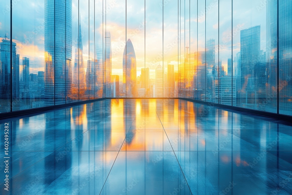 Sunset view from a modern high-rise building overlooking a vibrant city skyline Sunset view from a modern high-rise building overlooking a vibrant city skyline