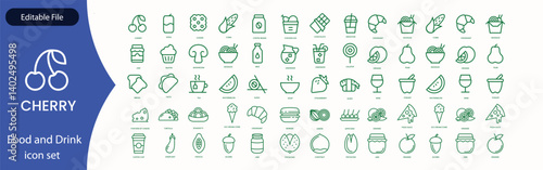 Food and Drinks Line Icons. Editable Stroke. Pixel Perfect. For Mobile and Web. Contains such icons as Bread, Wine, Hamburger, Milk, Carrot, Fruit, Vegetable.