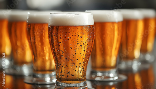 A close-up view of several frosty glasses of beer with bubbles, set on a wooden bar counter, creating a festive atmosphere