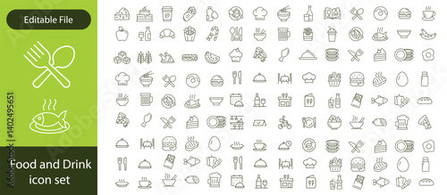 Food and Drinks Line Icons. Editable Stroke. Pixel Perfect. For Mobile and Web. Contains such icons as Bread, Wine, Hamburger, Milk, Carrot, Fruit, Vegetable.