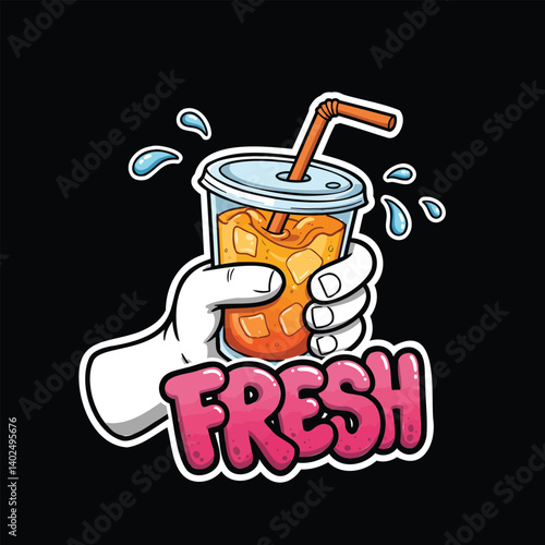 Glass of cold drink on a hand with fruit-themed design in vector style