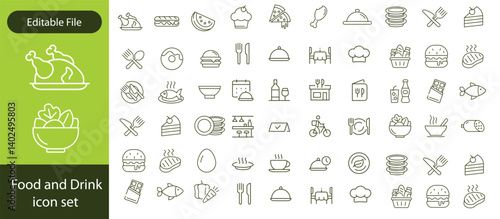 Food and Drinks Line Icons. Editable Stroke. Pixel Perfect. For Mobile and Web. Contains such icons as Bread, Wine, Hamburger, Milk, Carrot, Fruit, Vegetable.