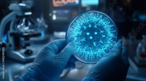 Close-up of a scientist's gloved hand holding a glowing virus model in a laboratory with specialized equipment.