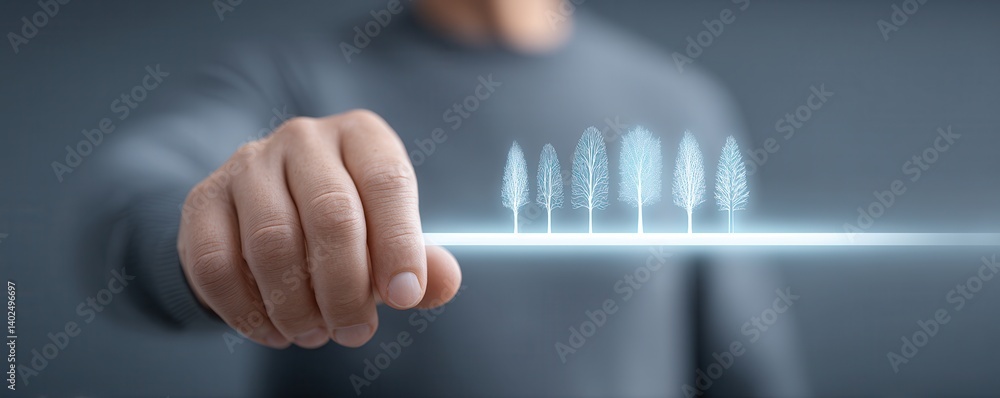 A hand is depicted holding a glowing line with stylized tree silhouettes, symbolizing nature and technology integration. A hand is depicted holding a glowing line with stylized tree silhouettes, symbolizing nature and technology integration.