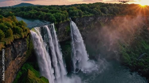 Aerial view of a majestic waterfall cascading down a lush green cliffside area