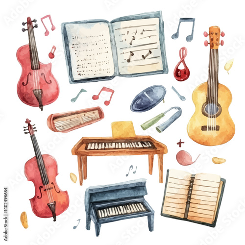 illustration of Musical Classroom With Instruments, watercolor vector, isolated on a white background.