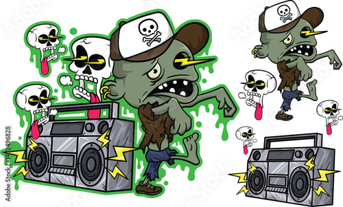 Hip hop zombie cartoon illustration with graffiti drawing style