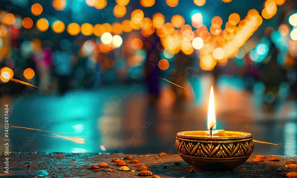 Single decorative diya lamp with glowing flame floating on water surrounded by festive lights during Diwali celebration in India at night