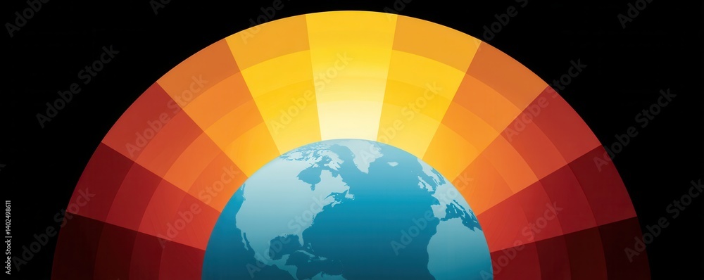 Obraz premium A vibrant illustration of Earth with a colorful spectrum of light radiating from the horizon, symbolizing energy and environmental themes.